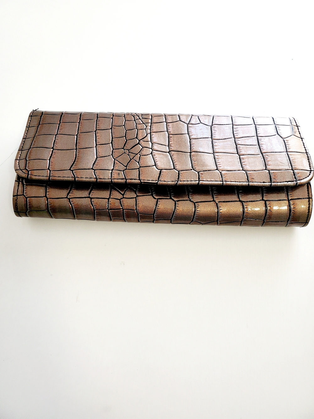 Metallic Croc-Embossed Bronze Clutch